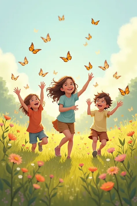 A group of kids chasing butterflies on a sunny meadow, Their laughter filled the air. wildflowers bloom in bright colors, A slight breeze rustles on the grass. With warm, Nostalgic tones, This digital painting captures movement and joy. Soft lighting in pu...