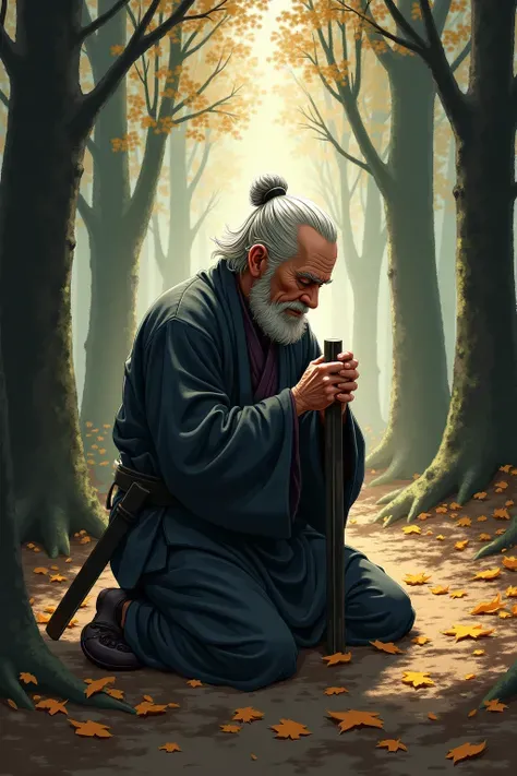 An elderly samurai kneels in a forest glade, Surrounded by fallen leaves. his hands on the handle, Close your eyes. Light shines through the woods, casting patterned shadows on the ground. scene is calm and dignified, rendered with textured brushstrokes in...