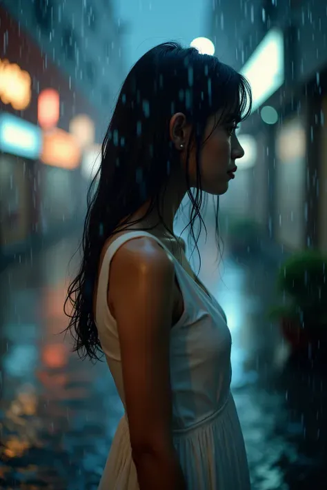 The wet girl stands in the rain，The white dress is close to her body，The rain falls down the hair，The blurry eyes look into the distance，The atmosphere is melancholy and dreamy。The background is a blurred city street，The neon light reflects a hazy halo thr...