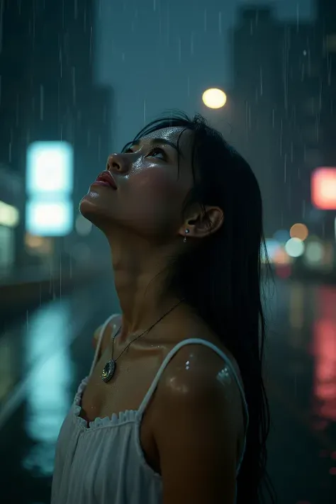 Portrait art photo in the rain，The girl looked up at the sky，Rain hits the face to form delicate drops of water，A wet white dress looms，Night view of the city in the background，The light and shadow are hazy，Strong emotional sense，Master photography works