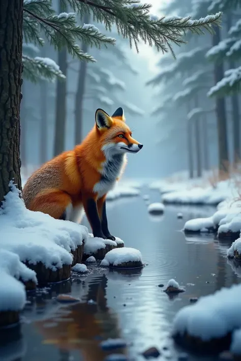 A fox in a snowy forest stops by a frozen stream, staring curiously at its reflection. exquisite snow falling from pine branches above. wildlife fantasy realism, Soft fur details, ambient lights, high-resolution storytelling art.