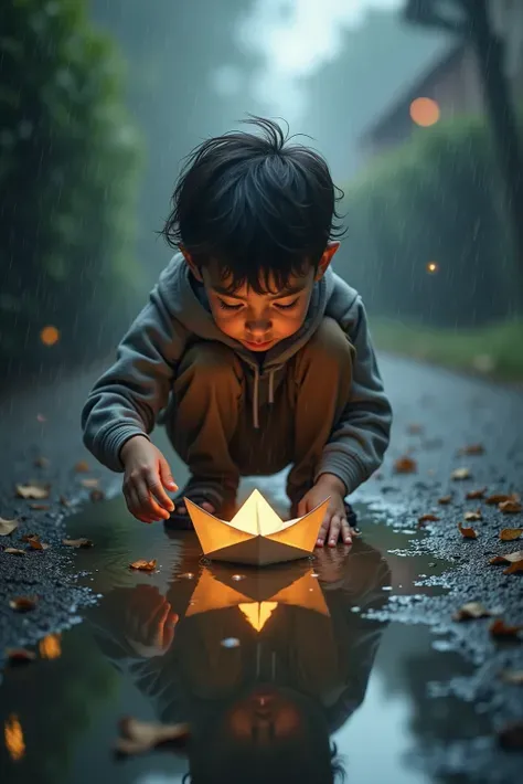 After a rainstorm，A young boy with messy hair playing with a paper boat by a puddle. The reflection of cloudy skies and scattered leaves adds a melancholy yet magical tone to the wet floor. scene depicts. digitally presents，emphasizes texture - moist surfa...