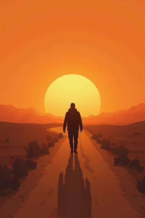 A wanderer walking along a long desert road at sunset, the burning orange of the horizon. with dust falling behind you at every step. scene evokes loneliness, toughness, and a beautiful. drawn in minimalist landscape realism, a warm color palette, 4k compo...