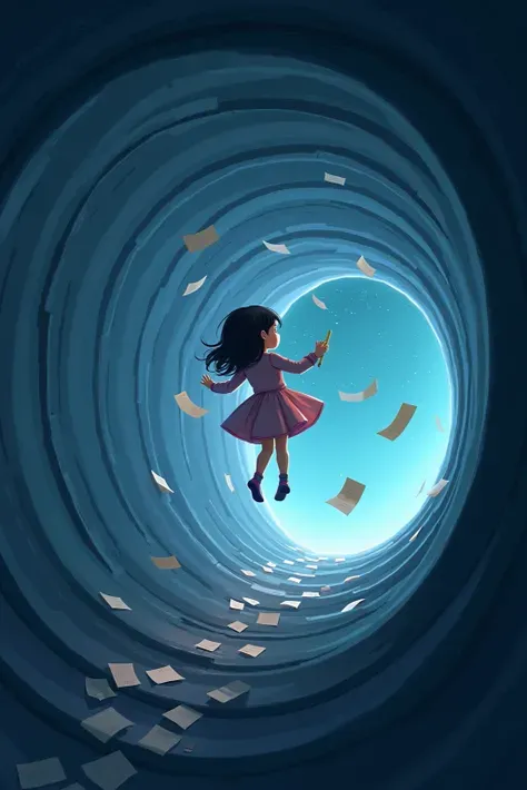 girl floating in a spaceship in zero gravity, surrounded by drifting paper, A floating pencil, and starlight peeking through a porthole. The scene captures quiet curiosity in isolation. illustrated in a sci-fi conceptual art style, rendered with soft gradi...