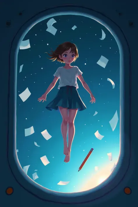 girl floating in a spaceship in zero gravity, surrounded by drifting paper, A floating pencil, and starlight peeking through a porthole. The scene captures quiet curiosity in isolation. illustrated in a sci-fi conceptual art style, rendered with soft gradi...