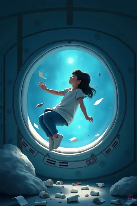 girl floating in a spaceship in zero gravity, surrounded by drifting paper, A floating pencil, and starlight peeking through a porthole. The scene captures quiet curiosity in isolation. illustrated in a sci-fi conceptual art style, rendered with soft gradi...