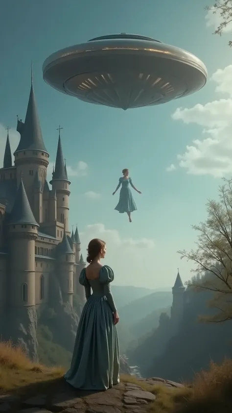 high-definition images、Princess Charlotte in medieval Europe is abducted by a cigar-shaped UFO、A princess in a blue dress floats in the sky in front of a castle、The cigar-shaped UFO in the sky looks small