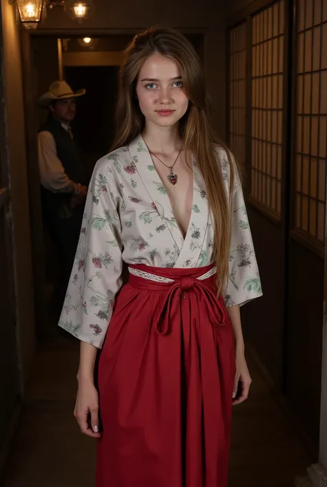 jyojifuku, miko,red hakama, only,Caucasiano,female,Olhos Azuis Claros, ,cabelo loiro,low ponytail,round glasses,decote,freckled face from the 1940s,looking at the viewer,atmosfera sinistra,standing,looking at the viewer,Hallway of an old Japanese house. di...