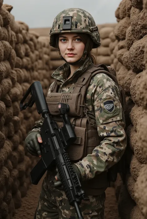 An anonymous Ukrainian female soldier in tactical uniform in a trench,posing with a Sacar L,imagem realista