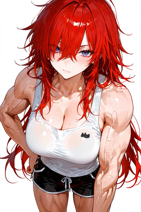 Tall。muscular。solo。real。unkempt hair。Beautiful Woman。loose half tank top black。Red hair。boyish。black shorts。