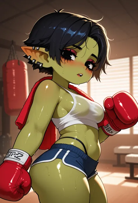 female punk, greasy pink very short hair, black eye , facial piercings, eye makeup, small breasts, meduim hips, (goblin girl:1.0) (shortstack:1.0) (green skin:1.0) (pointy ears:1.0) (wide hips:1.0)| score_9, score_8_up, solo, blurry background, medium brea...