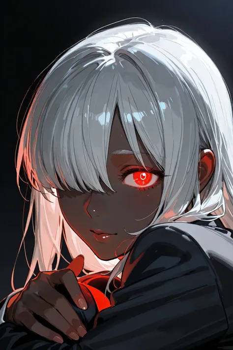 Face Closeup,Face-to-Face,Red glowing eyes, Silver Hair,bangs over one eye,high school girl hugging her teacher,Detailed depiction of the face,Backlight,simple slightly dark background