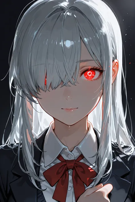 Face Closeup,Face-to-Face,Red glowing eyes, Silver Hair,bangs over one eye,high school girl hugging her teacher,Detailed depiction of the face,Backlight,simple slightly dark background