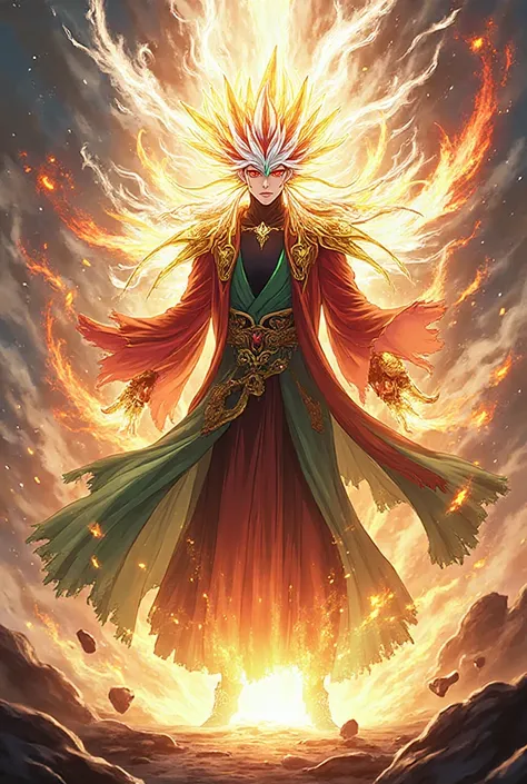 Ultra-detailed anime illustration in the style of Demon Slayer and Solo Leveling. Eternus in his Ultimate Supreme Transformation: he wears a majestic robe glowing in scarlet, green, white, and golden tones, reaching down to his feet, with a black inner shi...