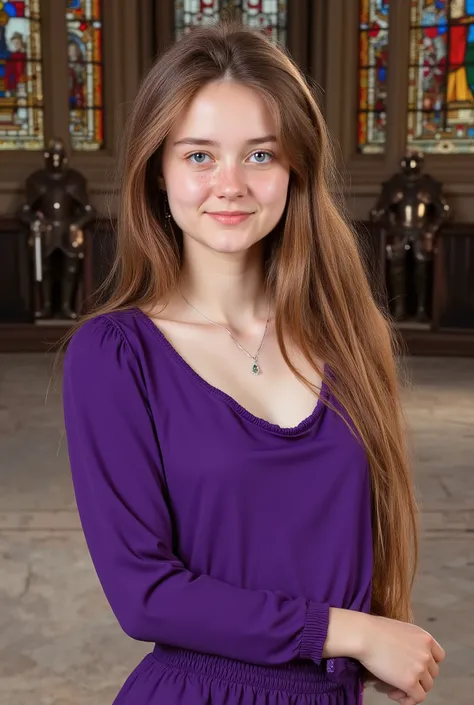 alta qualidade , Realistic portrait of an 18-year-old blonde woman wearing a long skirt, with wavy blond hair and bright blue eyes. She has an enchanting smile and freckles on her face, wearing a purple blouse that accents her plump bust, Paired with a lo...