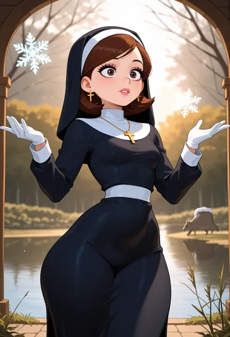 Helen Parr , mature female, medium hair, Bob_cut, brown hair, brown eyes, big eyes, long eyelashes, small breasts, narrow waist, thick thighs, huge hips, fair skin, thin hands, earrings, makeup, pink lips, lipstick.| 1girl, nun, habit, cross earrings, glov...