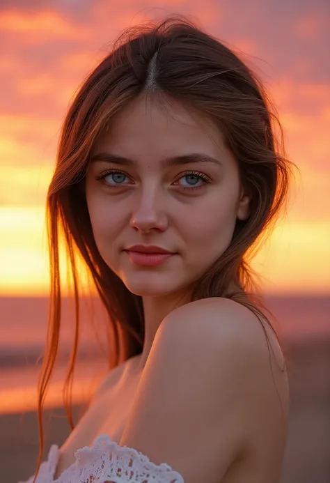 Woman with blue eyes sunset