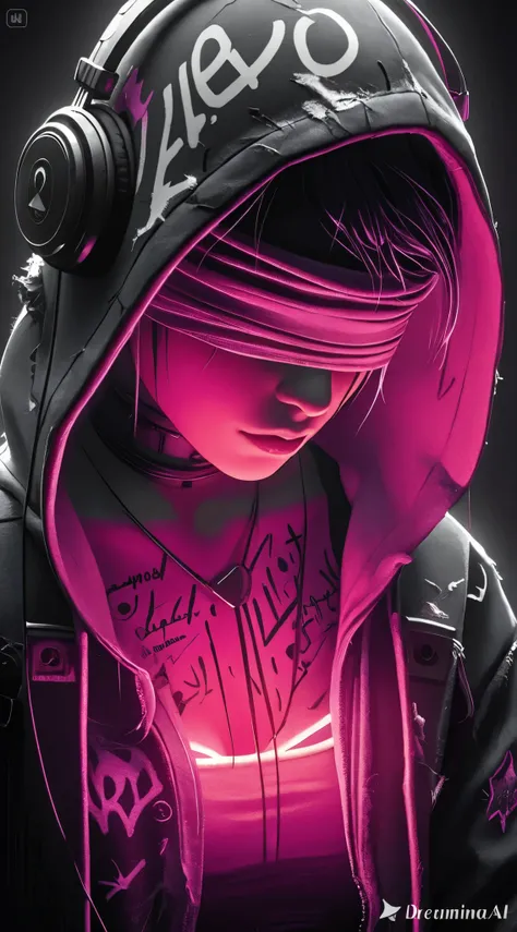 Female game character wearing a hoody and a blindfold. Pink light illuminates her face and the inside of her hoody