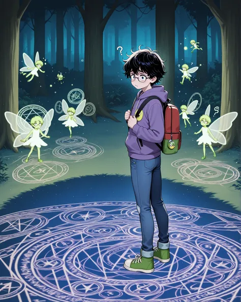 1boy, teenager, dark messy hair, glasses, confused expression, hoodie and jeans, Chuck Taylor shoes, backpack, confused expression, standing in a magical circle, surrounded by fairies, enchanted forest