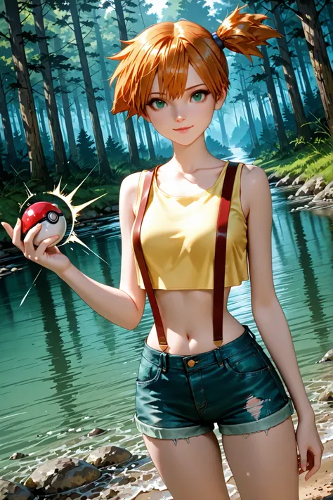 1 girl, Misty, orange hair, short hair, side ponytail, green eyes, beautiful eyes, beautiful face, face sculpted with hyper-realistic details, beautiful hair, bare arms, suspenders, navel, midriff, yellow shirt, collarbone, crop top, sleeveless shirt, den...