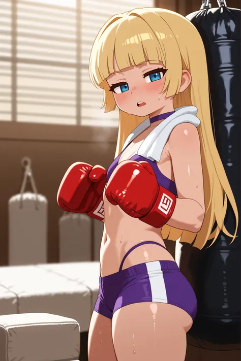 Pacifica Northwest, flat breasts, flat chest, skinny, huge hips, long hair, blonde hair, choker , | score_9, score_8_up, solo, blurry background, side view, boxing gym, carry boxing gloves, boxing gloves on back, sandbag, punching bag, window, window blind...