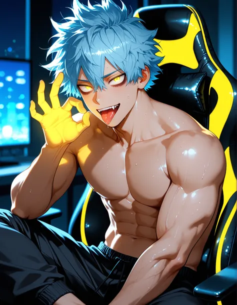 solo, half body, {((male)), my hero academia, ((mature:9)), muscular, tall, ((electric sky blue hair)), short messy hair, hair in face, hair between eyes, light skin, ((yellow glowing eyes)), boy hair cut, sharp fangs, dark shadows under eyes, seductive co...