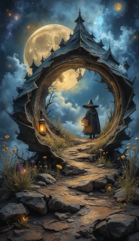 double exposure, microcosm , microphotography , side view
inside a twisted multi-layered leaf , lying on the ground hologram portal: fantasy fairy tale with the Moon on the cape inside a leaf/ Lanterns/ garden and wildflowers/, a witch with a basket in a h...