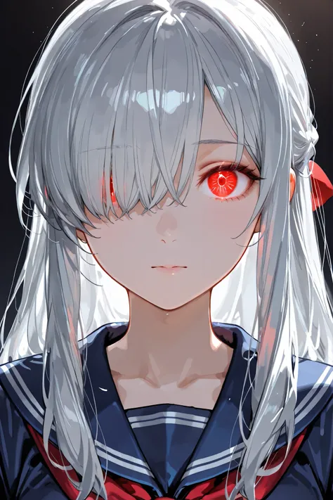 Face Closeup,looking at the viewer from the front,Red glowing eyes, Silver Hair,bangs over one eye,high school girl hugging her teacher,navy blue sailor suit,red ribbon ,Detailed depiction of the face,Backlight,simple slightly dark background