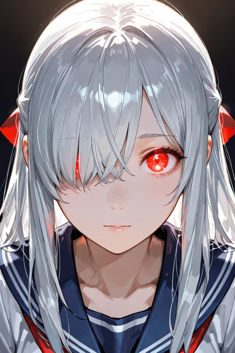 Face Closeup,looking at the viewer from the front,Red glowing eyes, Silver Hair,bangs over one eye,high school girl hugging her teacher,navy blue sailor suit,red ribbon ,Detailed depiction of the face,Backlight,simple slightly dark background