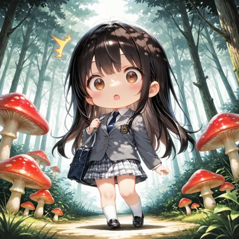 Cute,chibi,masterpiece、Highest Quality、Ultra Detailed 、(1 person)、2.5 heads tall、Giant Mushroom Forest、schoolgirl、brown eyes、black semi-long hair、surprised expression、gray blazer uniform、gingham check skirt、White Socks、black loafers、navy blue Boston bag、di...