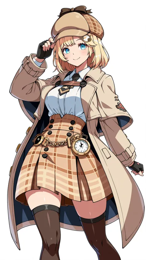 White background, solo, 1girl, Hololive, Amelia Watson, blue eyes, smile, detective's hat, white fur coat, white shirt, brown pattern skirt, black thigh highs, brown loafers, black gloves, pocketwatch, standing, Guilty Gear Strive artstyle