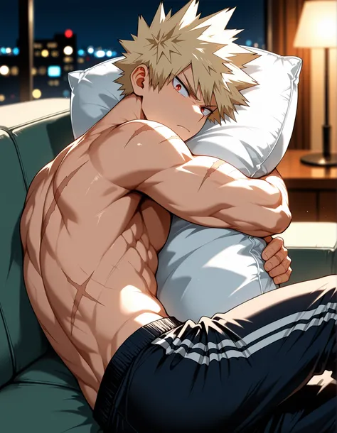 solo, half body, {Katsuki Bakugo, ((male)), muscular, mature:1.9, my hero academia, blonde spiky hair, red eyes, scar on left cheek, scars on arms, bare chest, sweatpants, angry expression, holding a body pillow, laying on the couch, laying down on side, b...