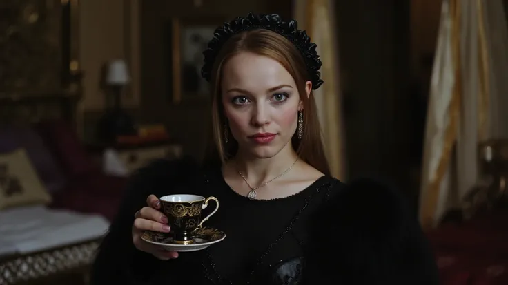 image of a woman in the Gothic Renaissance style. Dark makeup emphasizes the dark Gothic style. She has a pale, calm but at the same time beautiful face. The facial expression is aristocratic pride and arrogance. In the eyes there is a hidden secret and da...