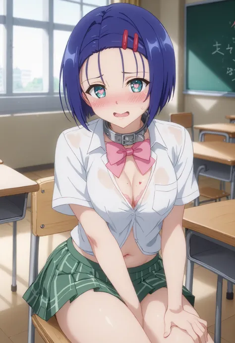 （（（ＳＦＷ、Highest quality、First Class Masterpiece、Normal Body 、32k、detailed face、super precise、Normal Hand、Highest）））、Haruna Sairenji/Seirenji Spring、『To Love -Love-』、Beautiful girl、１８age、Blue hair、bob cut、hairpin、Slim、slender、big boobs、school uniform、super m...