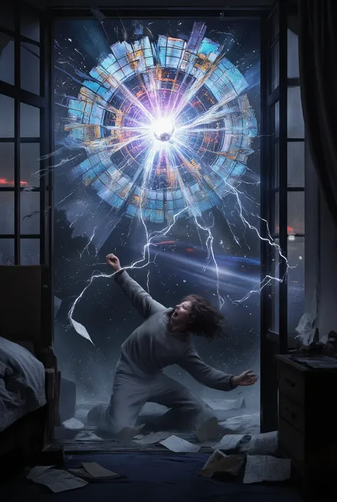 Hyperrealistic, dynamic cinematic shot, ultra detailed, 8K. The scene: A humble, chaotic bedroom at the peak of a reality breach. The air is thick with tangible energy. A young man in simple pajamas is recoiling, not just turning. His hair and clothes are ...