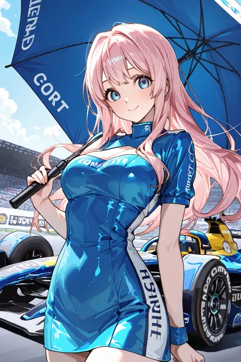 masterpiece, Highest Quality, high quality, ,   anime images ,girl with light pink hair、double eyes blue eyes、, long hair, race queen, Big umbrella,yellow and blue parasol, yellow and blue formula 1 car(1:1), smile, Race Course  , looking at your face with...