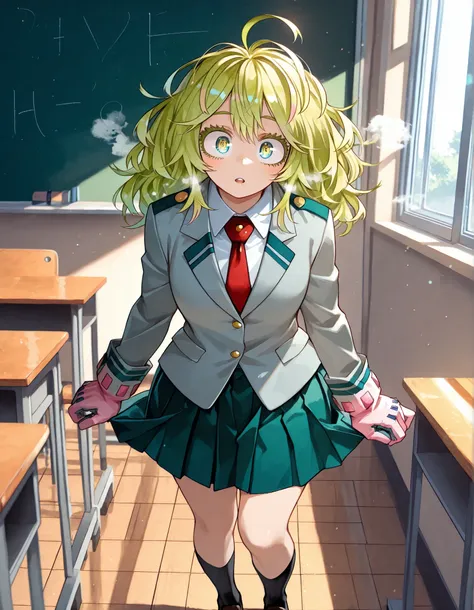 solo, half body, {hagakure tooru, ((female)), mature:1.9, my hero academia, transparent invisible person, faint shimmering outline of body, floating U.A. school uniform (blazer, skirt, shoes), gloves hovering slightly above floor, faint breath cloud in the...