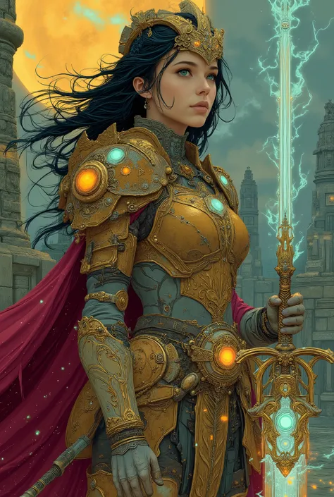 Majestic female warrior queen, ethereal beauty with fierce determination, ornate golden armor with intricate Celtic patterns, flowing cape of deep crimson silk, luminous long hair with braided elements adorned with metallic threads, wielding a legendary cr...