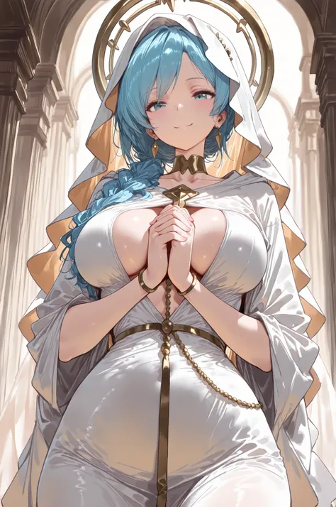 ((Best quality, 8k, Masterpiece: 1.3)), ((best quality)), ((masterpiece)), (detailed), The Virgin Mary is filled with mercy. She has long, braided blue hair in a half-up style. She wears a robe trimmed with gold thread. Her hands are clasped in front of he...