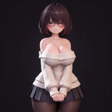 masterpiece, ultra-HD, impressionism, high detail, best quality, very aesthetic, 8K, best quality, beautiful, ultra-high resolution, 32K UHD, 3D, VRChatStyle, 1girl, solo, short messy dark brown hair, fluffy hair, hair over eyes, bob cut, glasses, almond-s...