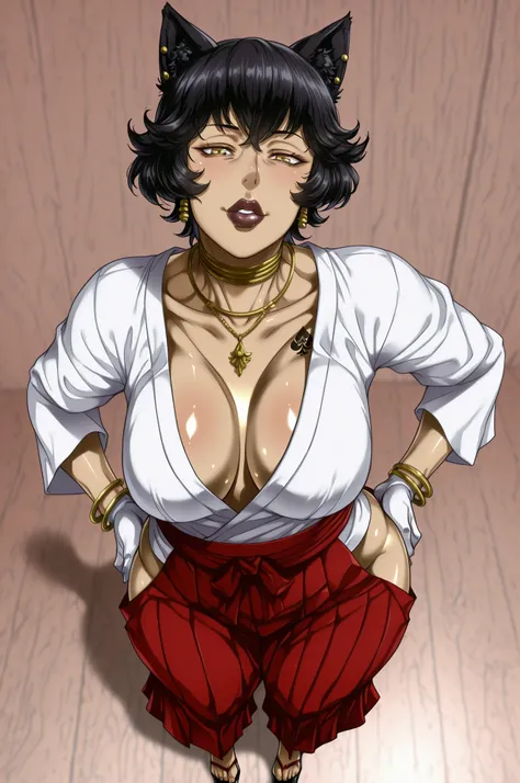,queen of spades tattoo,(tan olive skin:1.4),andou hiroyuki style, jewelry, round face, v neck shirt, , yellow eyes, dark lips ,(masterpiece,best quality,ultra_detailed,highres,absurdres:1.2,amazing quality,very aesthetic),source_anime, rating_explicit, ja...