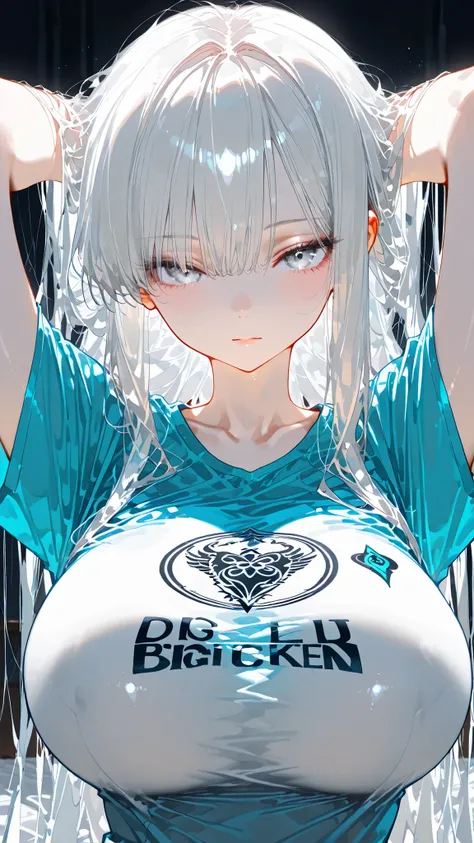 masterpiece,Super Detailed,SMOOTH SKIN, beautiful faces,1 girl,shot from the front,((very white skin)),((big breasts :1.8)),saggy chest,hands in hair,arms behind head,upper body close-up,close your eyes slightly,long lashes,looking at viewer,((white long straight hair)),princess cut hair,((Side Bang)),silver eyes,dark blue colored clothes,deep u-neck logo print t-shirt,on the bed,dark background