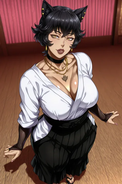 ,queen of spades tattoo,(tan olive skin:1.4),andou hiroyuki style, jewelry, round face, v neck shirt, , yellow eyes, dark lips ,(masterpiece,best quality,ultra_detailed,highres,absurdres:1.2,amazing quality,very aesthetic),source_anime, rating_explicit, ja...