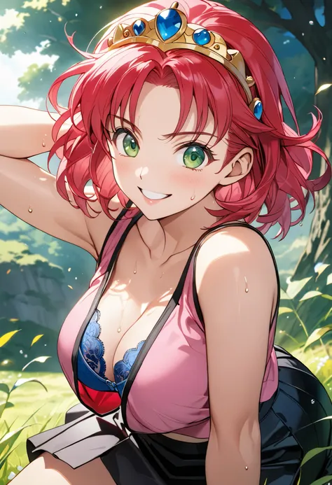 masterpiece, best quality, high definition,16 thousand.,official art,super detailed skin,detailed,animated painting, (Madame from Dragon Quest:1.3),1990-е \(style\),(pink vest ,blue gold bra,Black mini skirt:1.3)、(B-cup of beautiful breasts)、neckline, (hig...