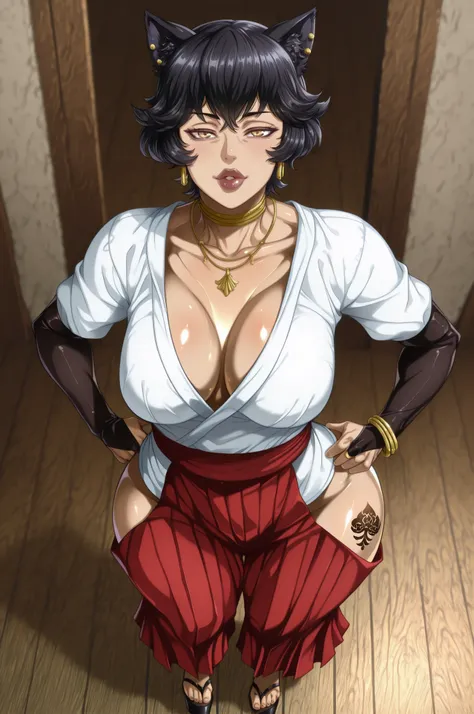 Kali_RWBY,,queen of spades tattoo,(tan olive skin:1.4),andou hiroyuki style, jewelry, round face, v neck shirt, , yellow eyes, dark lips ,(masterpiece,best quality,ultra_detailed,highres,absurdres:1.2,amazing quality,very aesthetic),source_anime, rating_ex...