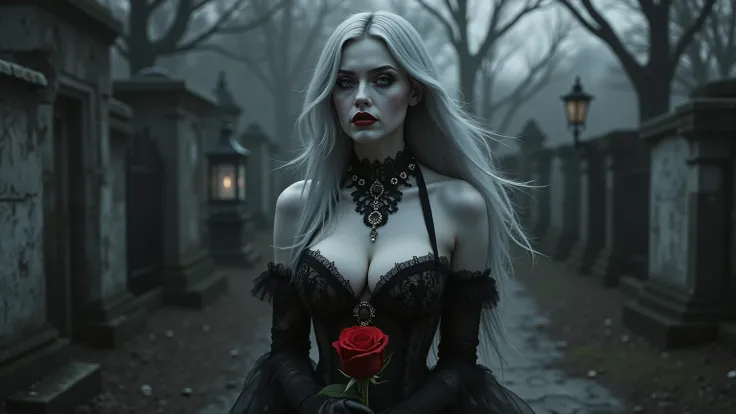 A hyper-realistic 8K portrait of a stunning gothic woman standing alone in a windswept graveyard at night, the entire scene rendered in stark black and white — her skin, the cracked tombstones, the wrought iron gates, and the fog all stripped of color to c...