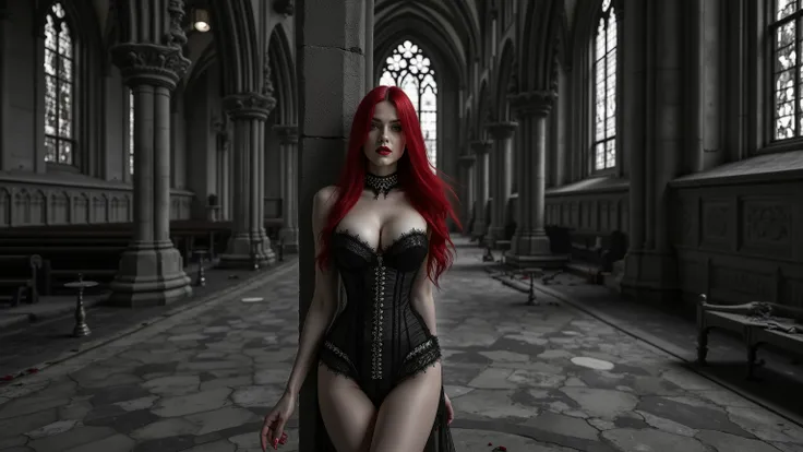A striking ultra-realistic portrait of a voluptuous Gothic woman standing inside the nave of a grand cathedral, the towering arches, stone pillars, and stained-glass windows all rendered in stark black and white. The shadows stretch across the cracked marb...