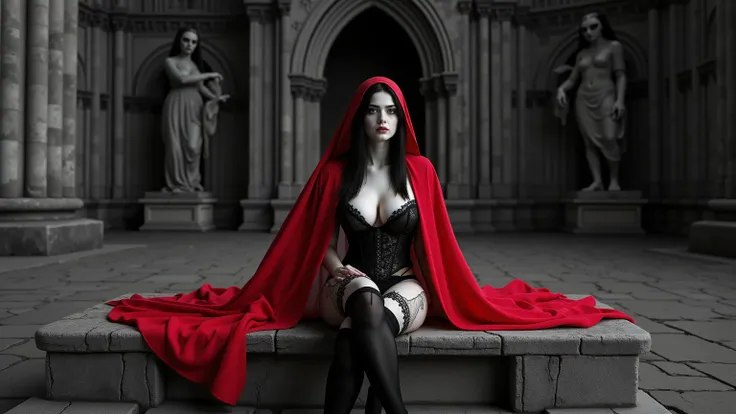An ultra-realistic 4K portrait of a Gothic woman sitting on a cracked stone bench beneath the shadow of a towering cathedral wall, the entire environment captured in pure black and white. The jagged spires and weathered statues behind her fade into a sea o...