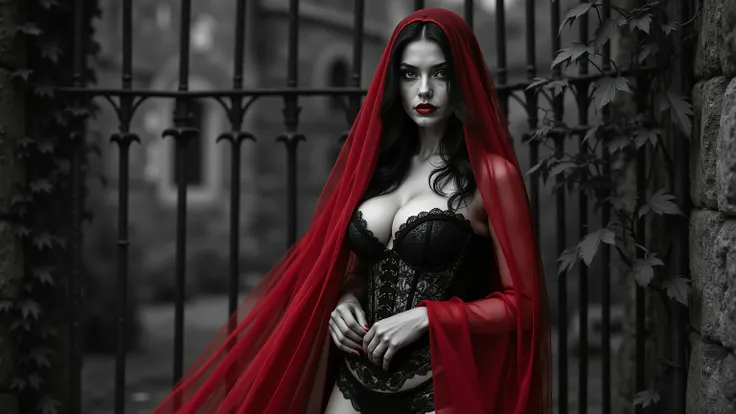 An ultra-realistic 4K portrait of a Gothic woman standing in front of a towering iron gate that guards the entrance to a forgotten castle, the entire world captured in pure black and white. The spiked gate, the ivy crawling up its bars, and the massive sto...