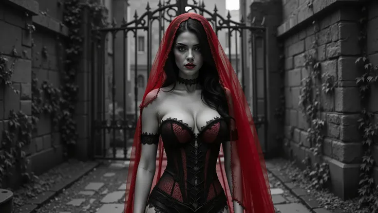 An ultra-realistic 4K portrait of a Gothic woman standing in front of a towering iron gate that guards the entrance to a forgotten castle, the entire world captured in pure black and white. The spiked gate, the ivy crawling up its bars, and the massive sto...